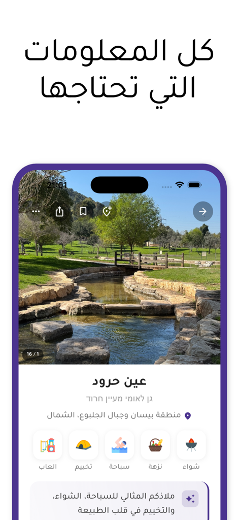 Aplicación Tashshni mostrando información sobre el parque Ein Harod con iconos de actividades de viaje