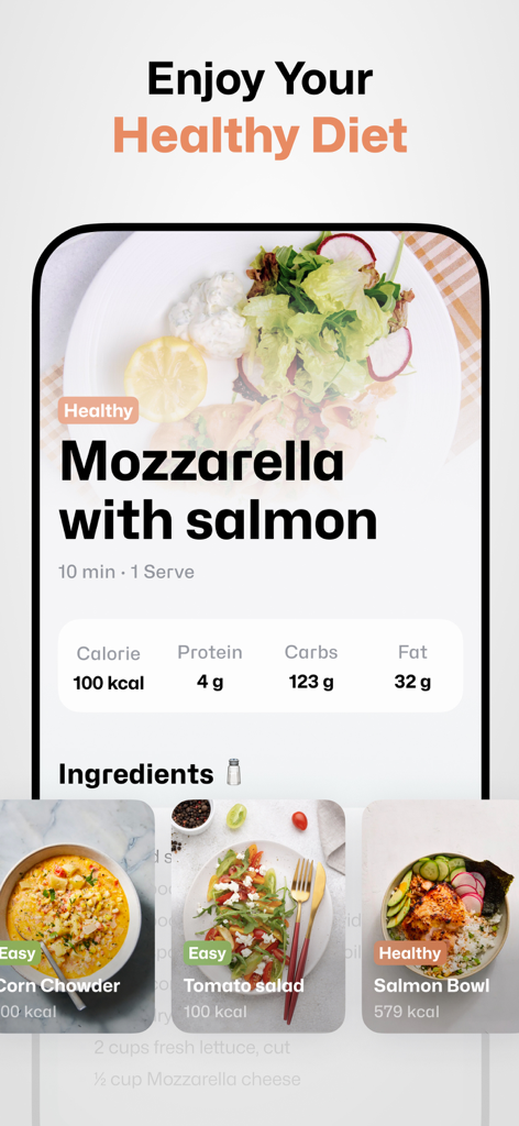 Well Up app interface showing healthy meal recipes and nutritional data for calorie and macro tracking.