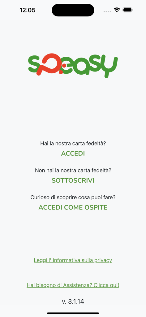 Schermata di benvenuto dell'app Speasy che mostra le opzioni di accesso e registrazione per una carta fedeltà della spesa