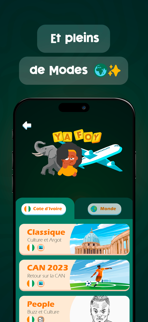 Interfaz de la aplicación YAFOY que muestra modos de juego para cultura marfileña y trivia mundial.