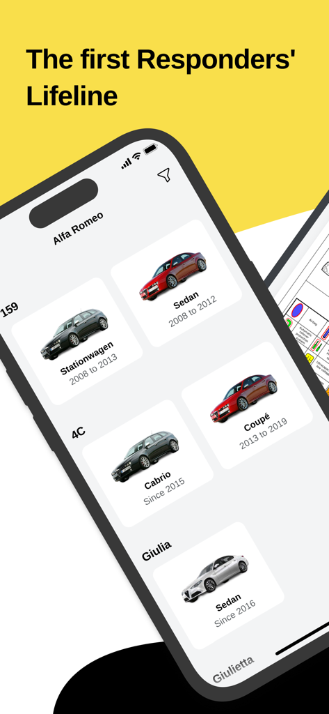 ANCAP RESCUE - ANCAP RESCUE mobile app interface showing a list of Alfa Romeo car models for first responder safety reference.