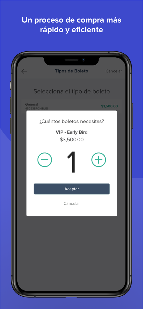 Insiders: Imprime boletos - Pantalla de smartphone que muestra la interfaz de selección de cantidad de boletos en la aplicación Insiders para organizadores de eventos