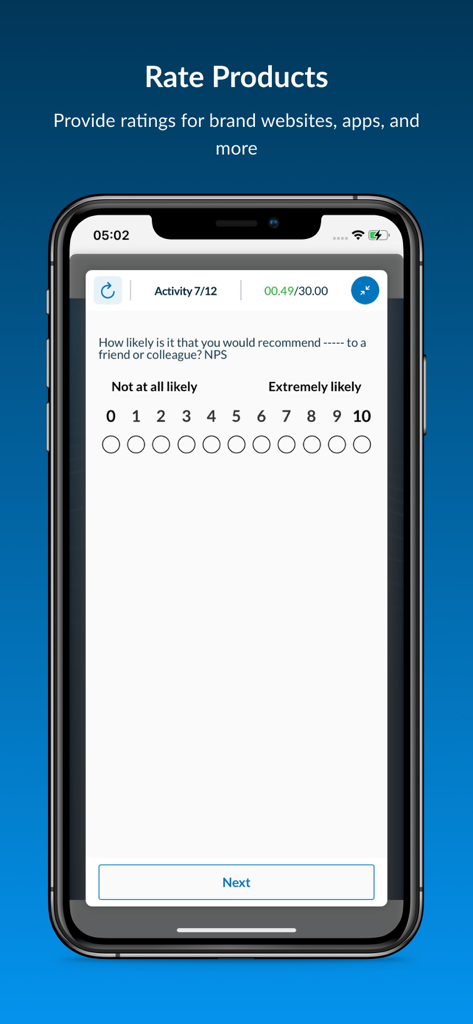 Schermata di un sondaggio mobile sull'app Userlytics che mostra una scala di valutazione del prodotto per il test utente