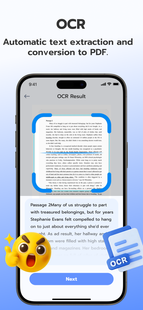スマートフォンの画面に、ドキュメントからテキストを抽出するPDFスキャンアプリのOCR機能が表示されています。