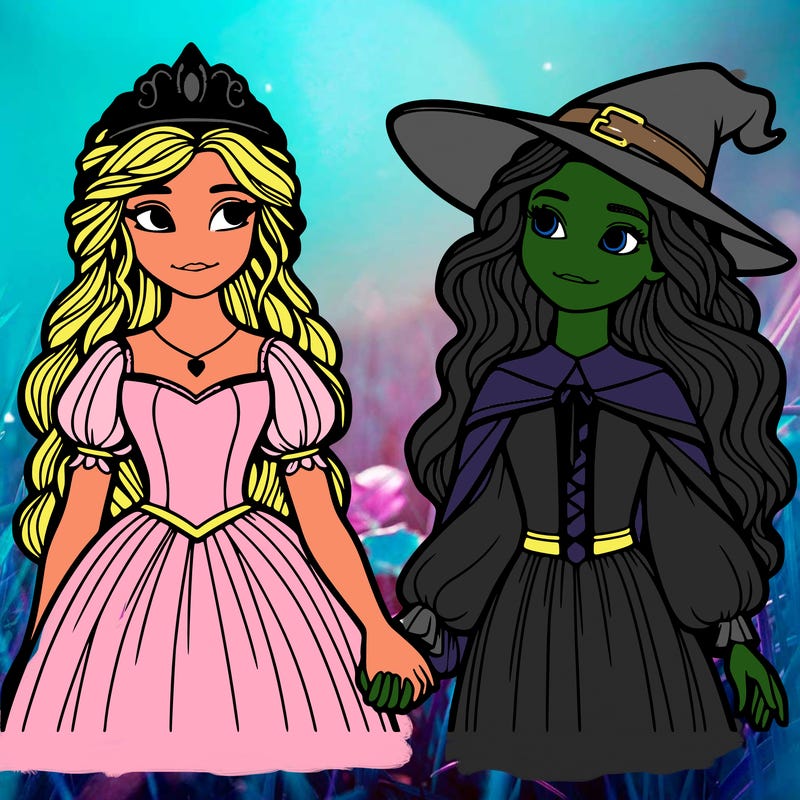 a princess and a witch holding hands realistic