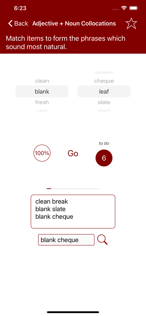 Cambridge Proficiency C2 Prep - Interface of the Cambridge Proficiency C2 Prep app displaying an adjective and noun collocation matching exercise.