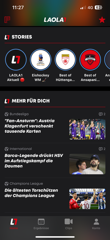 LAOLA1 mobile app home screen featuring Austrian and international sports news stories and highlights