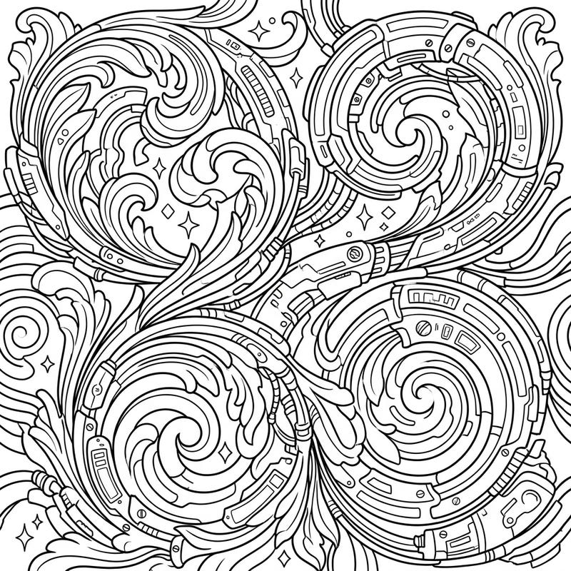Experience a captivating fusion of classical elegance and futuristic grit with our Cyberpunk Acanthus Spirals coloring page. This intricate design offers a challenging and rewarding creative escape.