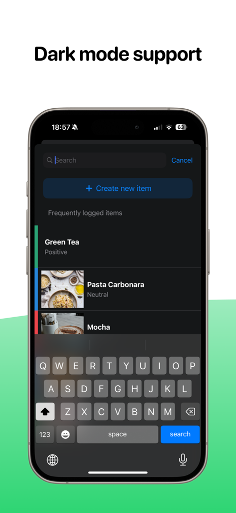 Simple Food Tracker - Simple Food Tracker app interface in dark mode showing food search and logs