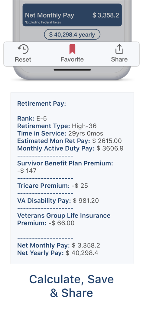 Summary screen of the Military Retire Pay app showing a detailed breakdown of retirement pay, benefits, and deductions for rank E-5.