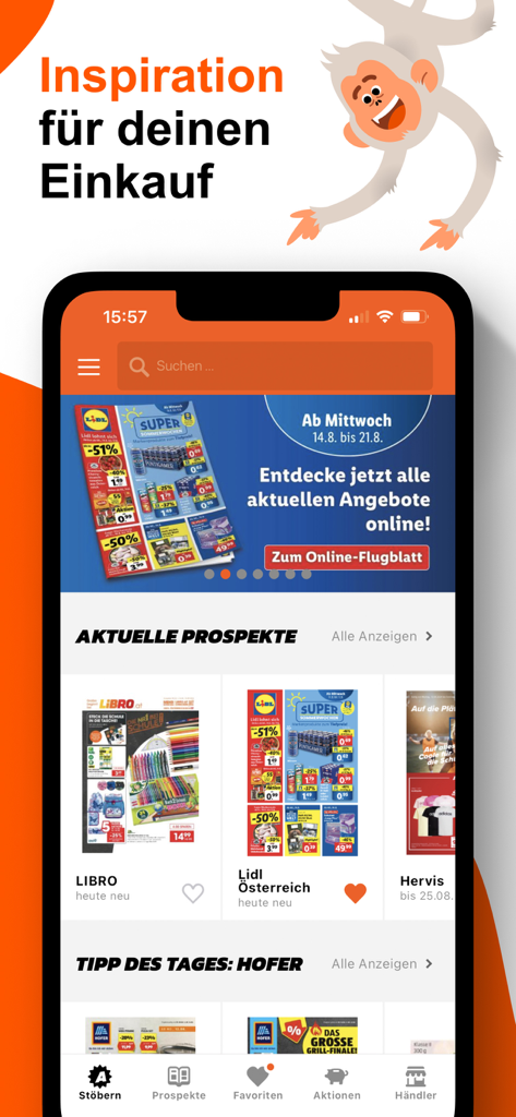 Pantalla de inicio de la aplicación Aktionsfinder mostrando folletos digitales y ofertas de supermercados