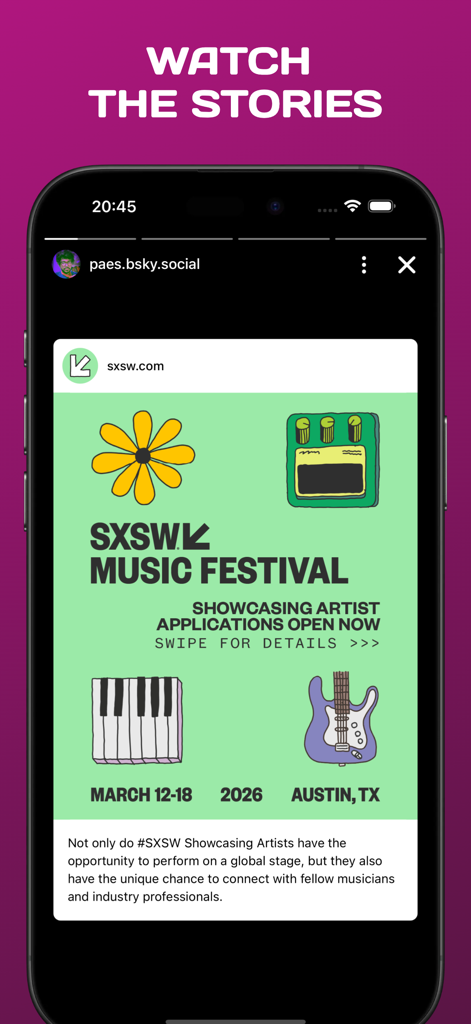Smartphone screen showing the Pinksky app story feature with a music festival post