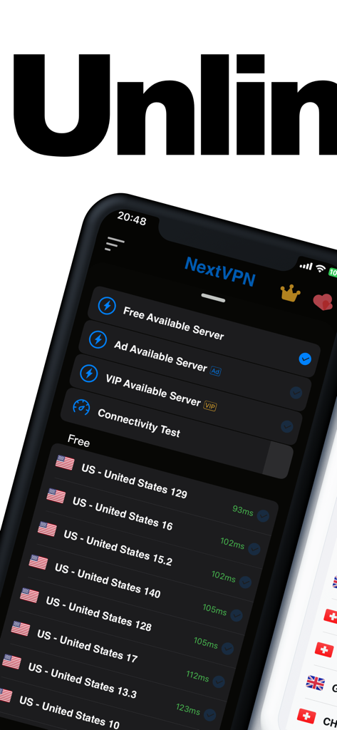 NextVPN app interface displaying a list of available US servers and their connection speeds