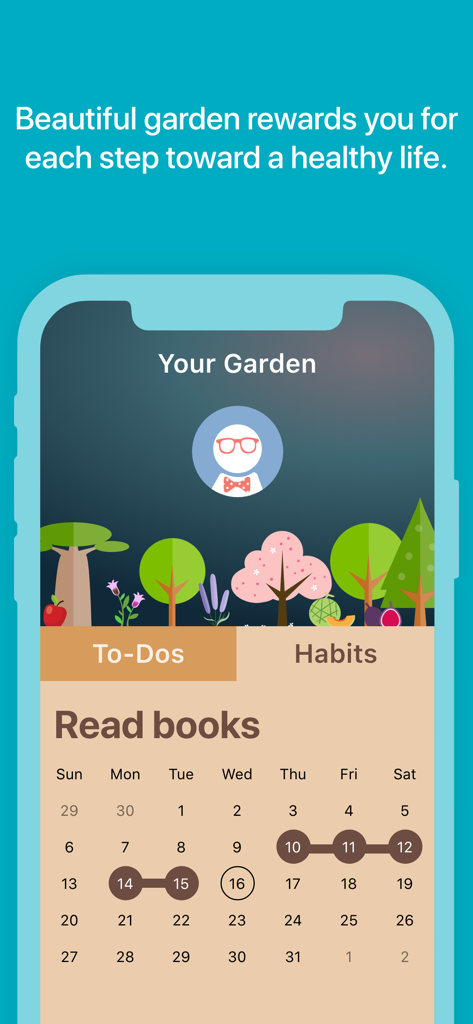 Flora app interface showing a virtual garden and a habit tracker with a reading goal calendar.