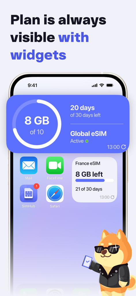 SimHub: eSIM Travel Data - Widget di monitoraggio dell'utilizzo dei dati eSIM per viaggi di SimHub sulla schermata Home di un iPhone