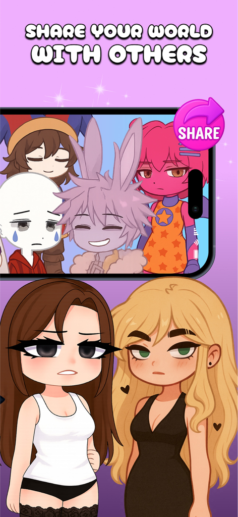 Gacha Star Lab - Mods & Skins - 다양한 사용자 지정 캐릭터 디자인을 갖춘 Gacha Star Lab의 '세상 공유' 기능 화면