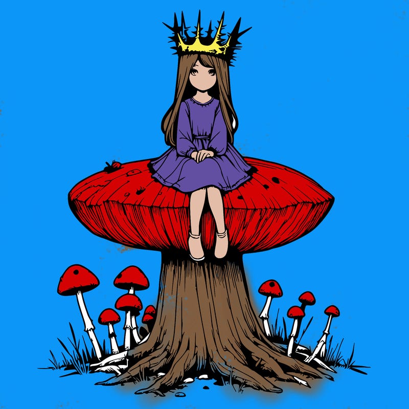 realistic girl sitting on a huge tree stump size toadstool with thorn crown
