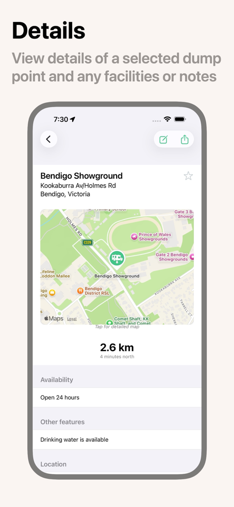 Caravan Helper - Screenshot of the Caravan Helper app displaying detailed information for a dump point in Bendigo Victoria including a map and facility availability