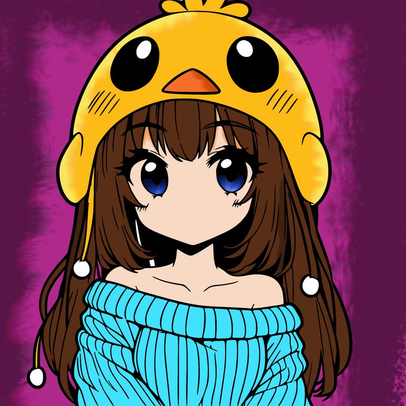 anime girl with chick shaped hat with sweater with bare shoulders with bangs covering them one eye with low tail