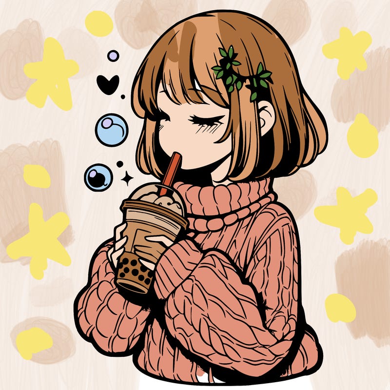 manga girl drinking boba in cozy sweater