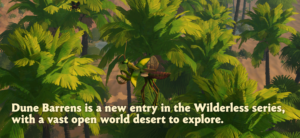 Wilderless: Dune Barrens - A giant insect flying through a lush palm tree oasis in the vast open world desert of Wilderless Dune Barrens.