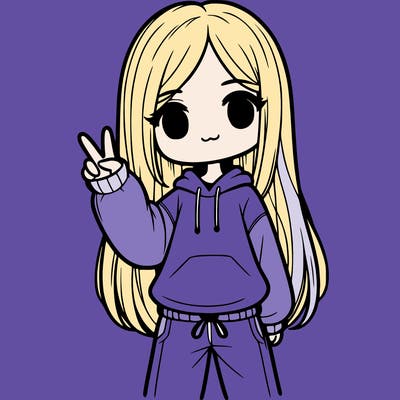 girl with straight down hair wearing a sweater and sweatpants doing the peace sign