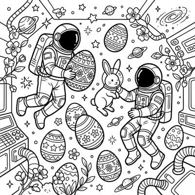 Discover an out-of-this-world Easter celebration with this charming coloring page featuring astronauts, space bunnies, and decorated eggs. It's a whimsical blend of cosmic adventure and springtime joy, perfect for creative minds.