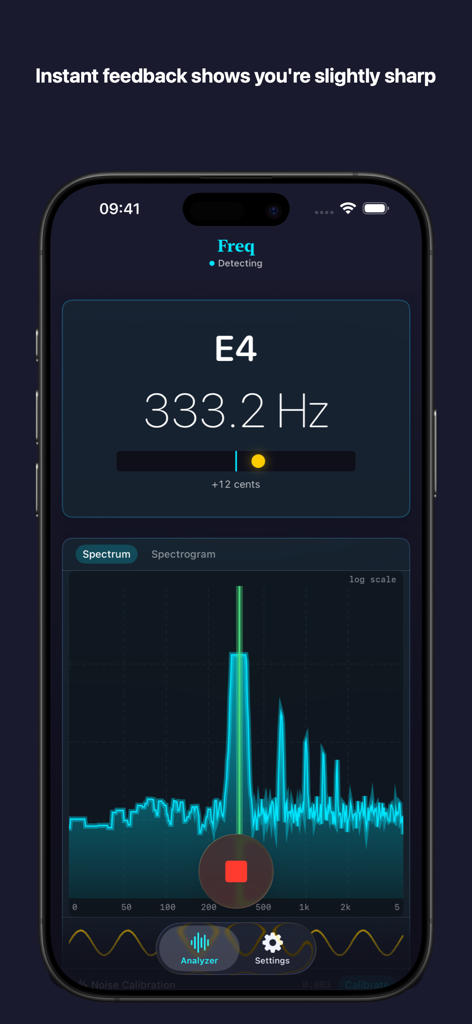 Interface of the Freq app displaying pitch detection for note E4 and a real time frequency spectrum.
