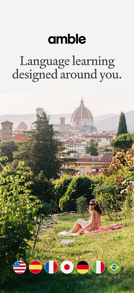 Amble - Language & Culture - Amble app screen featuring a woman in a garden overlooking Florence with the text Language learning designed around you