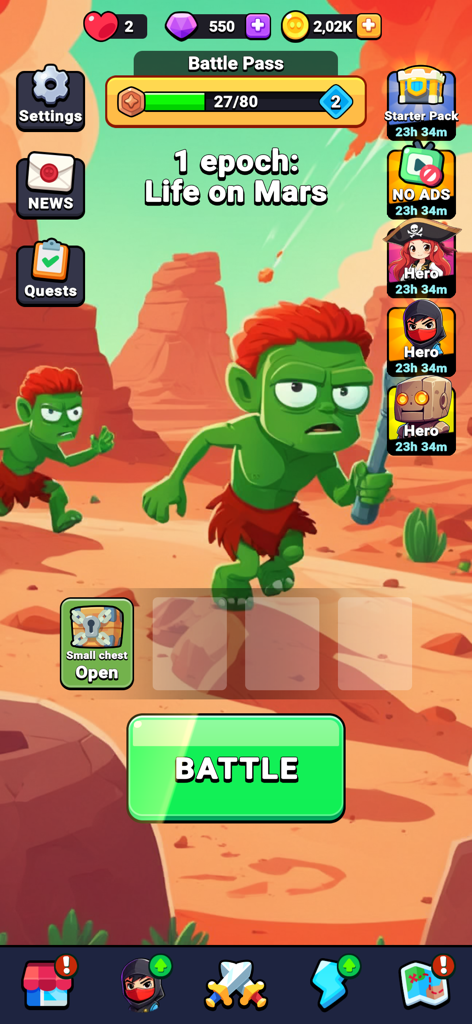 Age of Heroes | Warriors Clash - Age of Heroes Warriors Clash game menu showing a green alien character in a Mars landscape with a Battle button