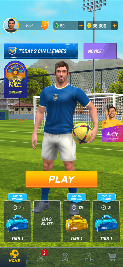 Football World : Online Soccer - Hauptmenü des Football World Online Soccer Mobile-Spiels mit Charakter-Belohnungstaschen und der Wiedergabetaste