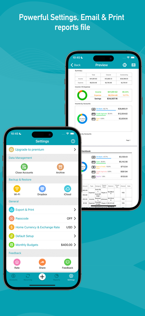 Screenshots of Quick Checkbook Pro showing the settings menu with backup options and a financial report preview.