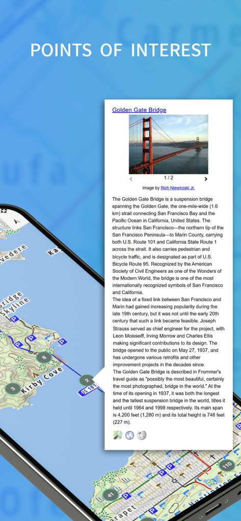 Mapeak app displaying the Points of Interest feature with a detailed description of the Golden Gate Bridge on a topographic map.