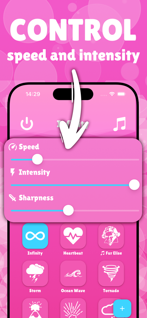 Interfaz de usuario de la app Vibrador Vibración Fuerte mostrando controles deslizantes de velocidad, intensidad y nitidez sobre varios iconos de patrones de vibración