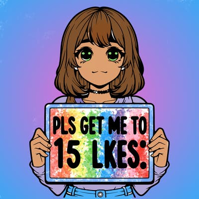 realistic girl holding up a sign that says “pls get me to 15 likes!”