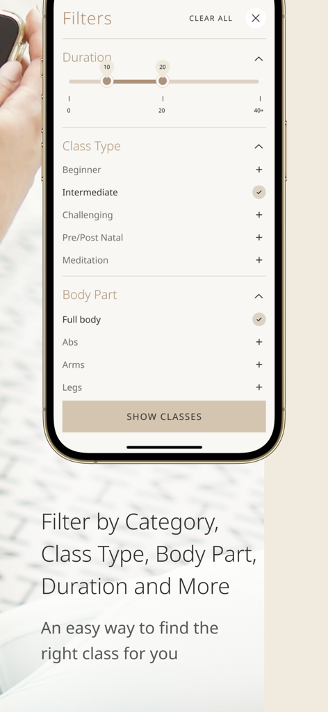 MWH app workout filter screen showing options for class duration and body part