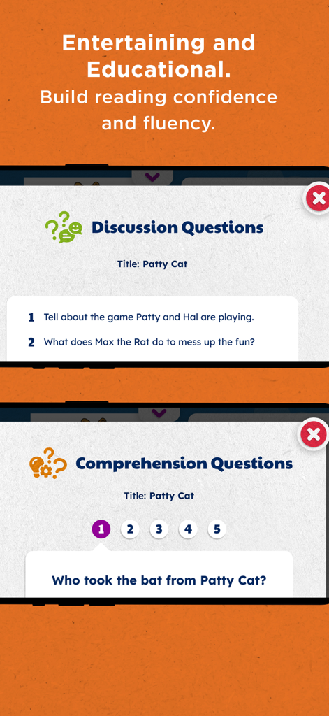 Skybrary – Kids Books & Videos - Skybrary app screens displaying reading comprehension and discussion questions for kids