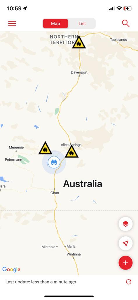 Fires Near Me Australia - A map interface showing fire incident warning icons in central Australia.