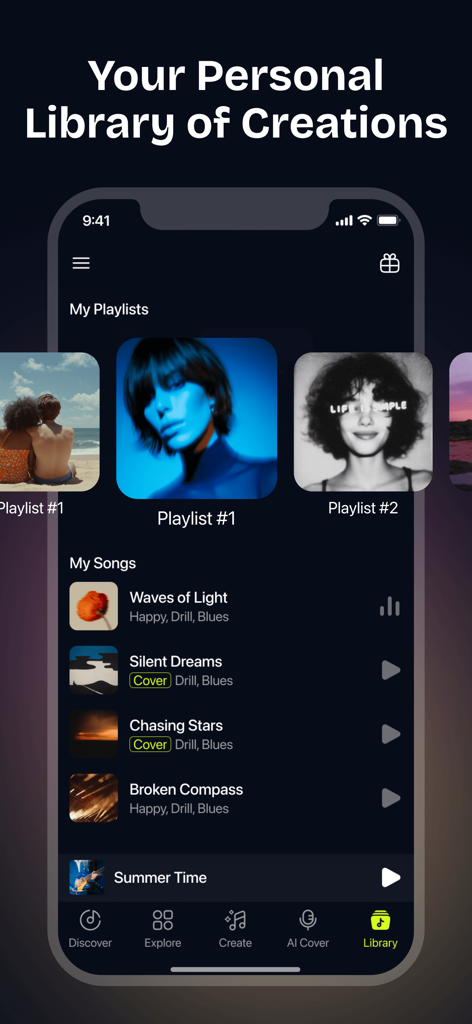 Personal library interface in MelodyCraft showing playlists and a list of AI generated songs.