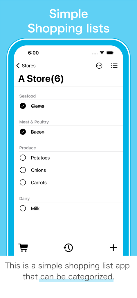 Shopping Lists+ Share&History - ショッピングリストプラスでカテゴリ分けされた食料品リストのスクリーンショット。魚介類、肉、農産物、乳製品のセクションに整理されたアイテムが表示されています。