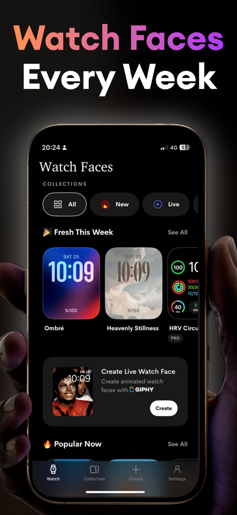 Watch Faces Gallery: Coolz - iPhone screen displaying the Watch Faces Gallery Coolz app with various watch face collections like Ombre and Heavenly Stillness