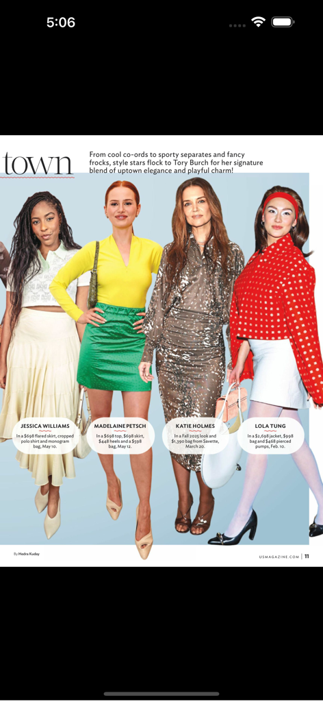 Us Weekly (Magazine) - A celebrity fashion feature in Us Weekly magazine showcasing stars like Katie Holmes and Madelaine Petsch in Tory Burch designer outfits.