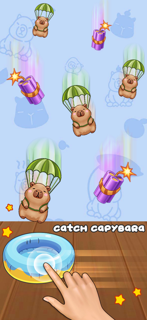 Capybara Relax Offline Games - Gameplay screen showing cute capybaras parachuting into an inflatable pool while avoiding bombs