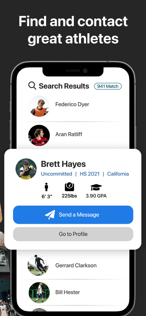 A mobile app screen showing athlete search results on FieldLevel with a detailed player profile card featuring stats and contact buttons