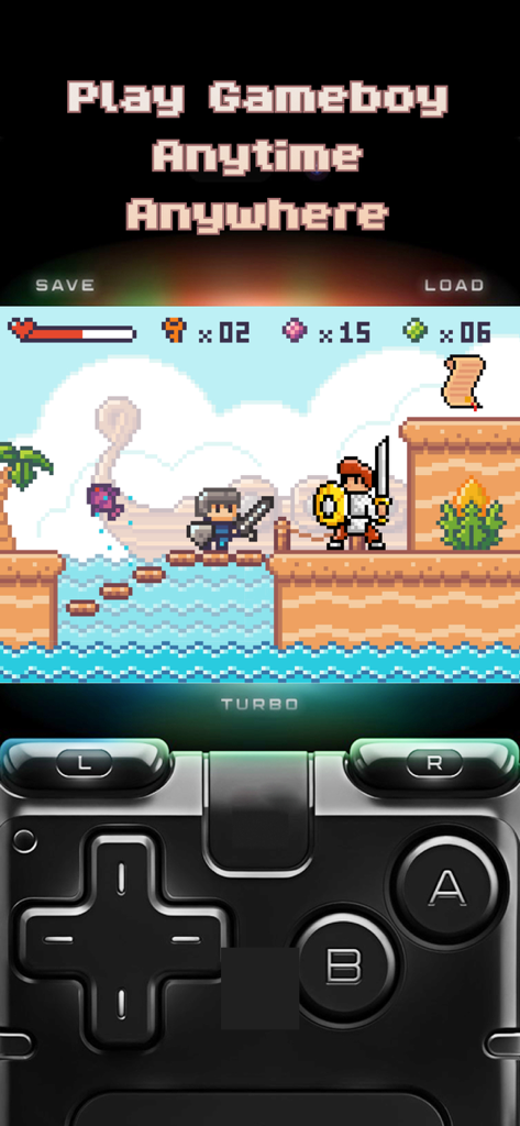 Bitboy GBA emulator interface with a retro pixel game and virtual controller