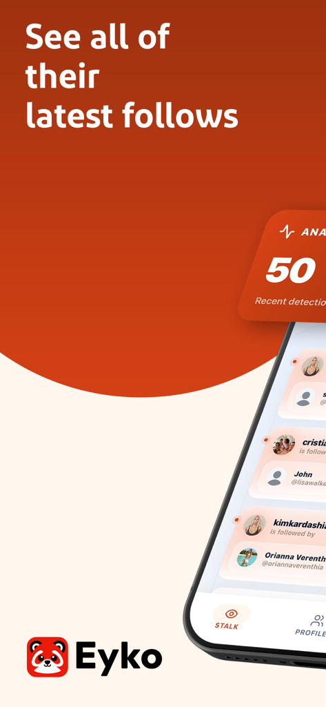 Eyko: Recent Follow Tracker - Interfaz de la aplicación Eyko que muestra los últimos seguidores y datos de seguimiento de redes sociales.