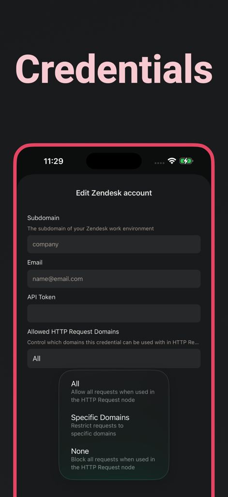 A screenshot of the Nathan app showing a form to edit Zendesk account credentials for n8n workflows