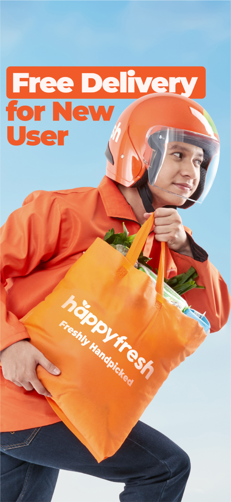 HappyFresh - Grocery Delivery - A delivery rider in orange uniform carrying a HappyFresh bag filled with fresh groceries with text overlay stating Free Delivery for New User