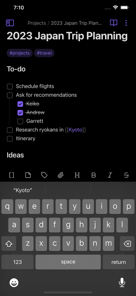 Obsidian mobile app showing a trip planning note with a checklist and toolbar.