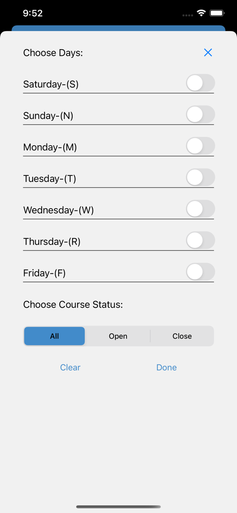 Al-Quds University - Filter screen for selecting class days and course status in the Al-Quds University app.
